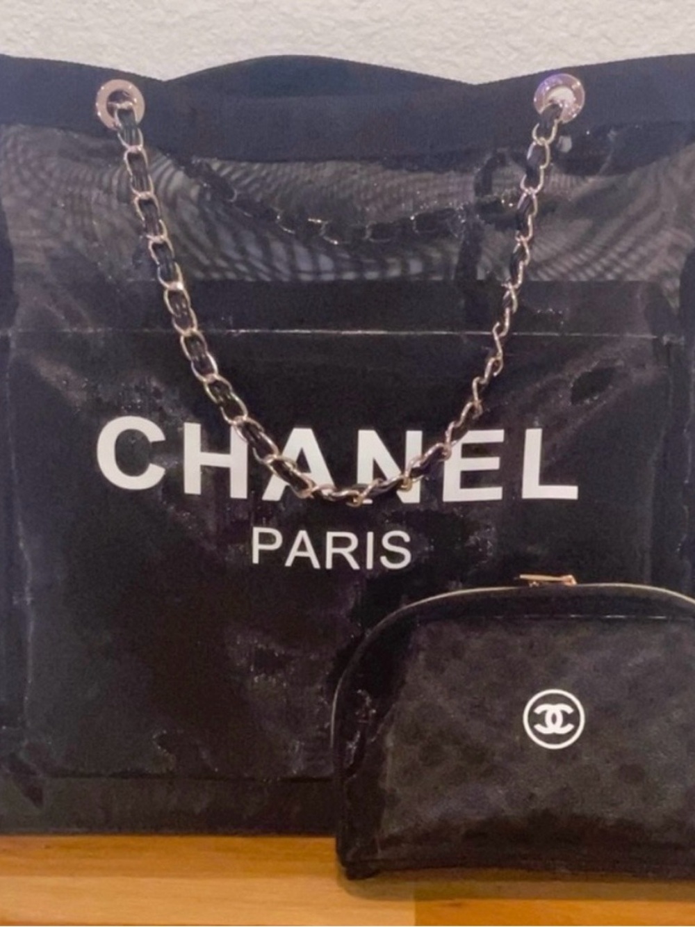 CHANEL Black Mesh Tote with Chain Detail and Pouch